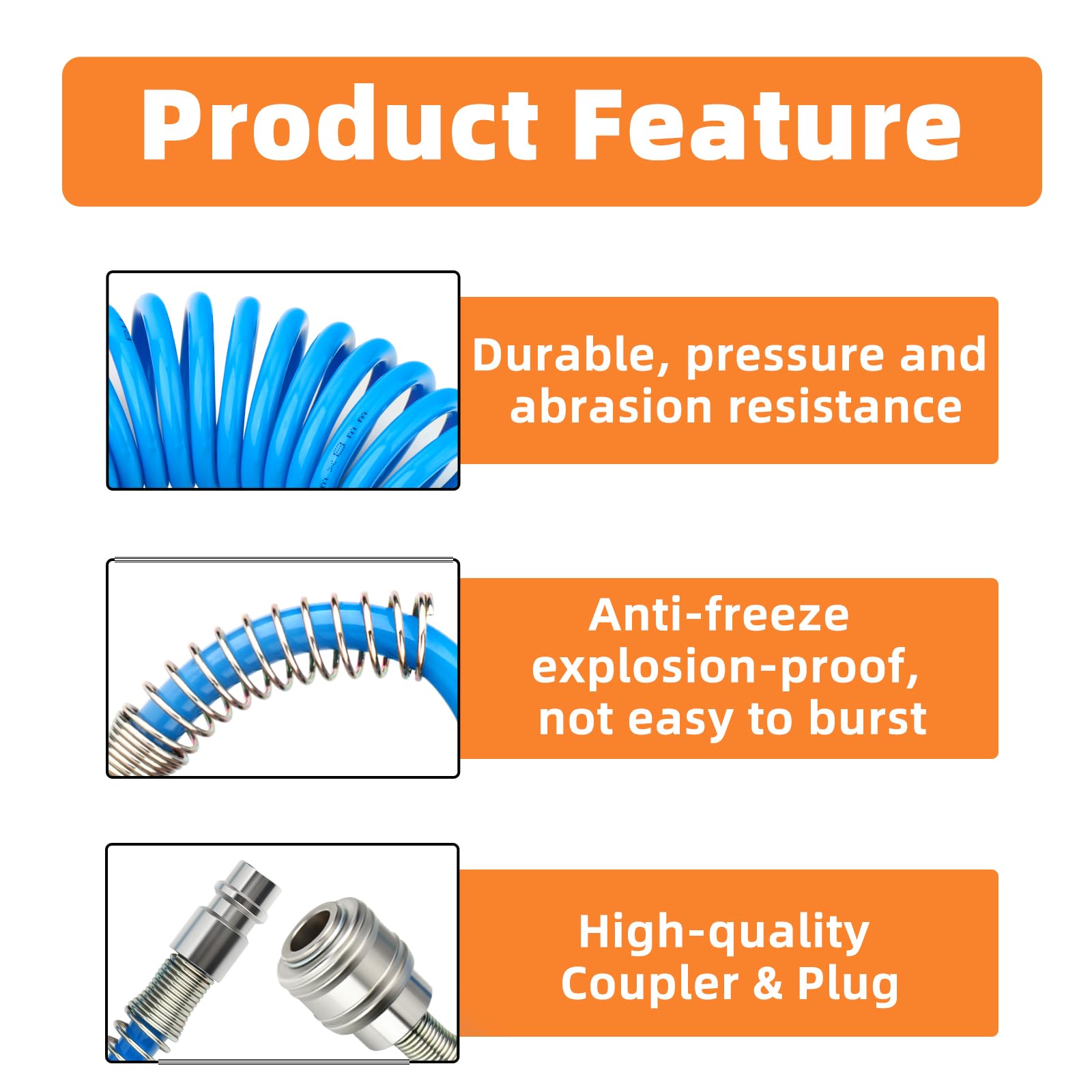 GASHER 1/4" x 5m Polyurethane Recoil Air Hose 8mm OD with Bend Restrictor, 1/4" Europe Quick Coupler and Plug, for Air Compressor Blue - Image 3