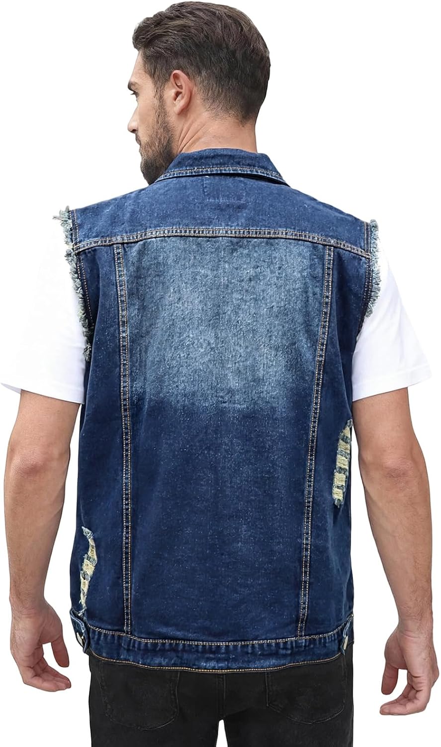 LONGBIDA Men's Denim Vest Casual Slim Fit Sleeveless Jacket Vintage Ripped Summer Jean Vests - Image 5