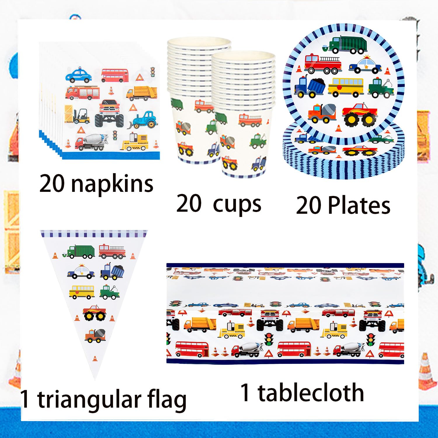 Stoviglie per feste a tema, per bambini, per escavatori, per la costruzione, per feste, include bandiere triangolari, piatti di carta, bicchieri di carta, tovaglioli di carta e tovaglie per 20 ragazzi