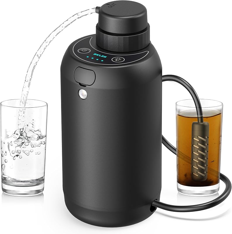 BKLES Purificador de agua eléctrico Camping, supervivencia y preparación para emergencias | Sistema de filtración portátil de 0,01 micrones, 6 etapas, con luz de emergencia para caminatas, mochileros, viajes y emergencias al aire libre