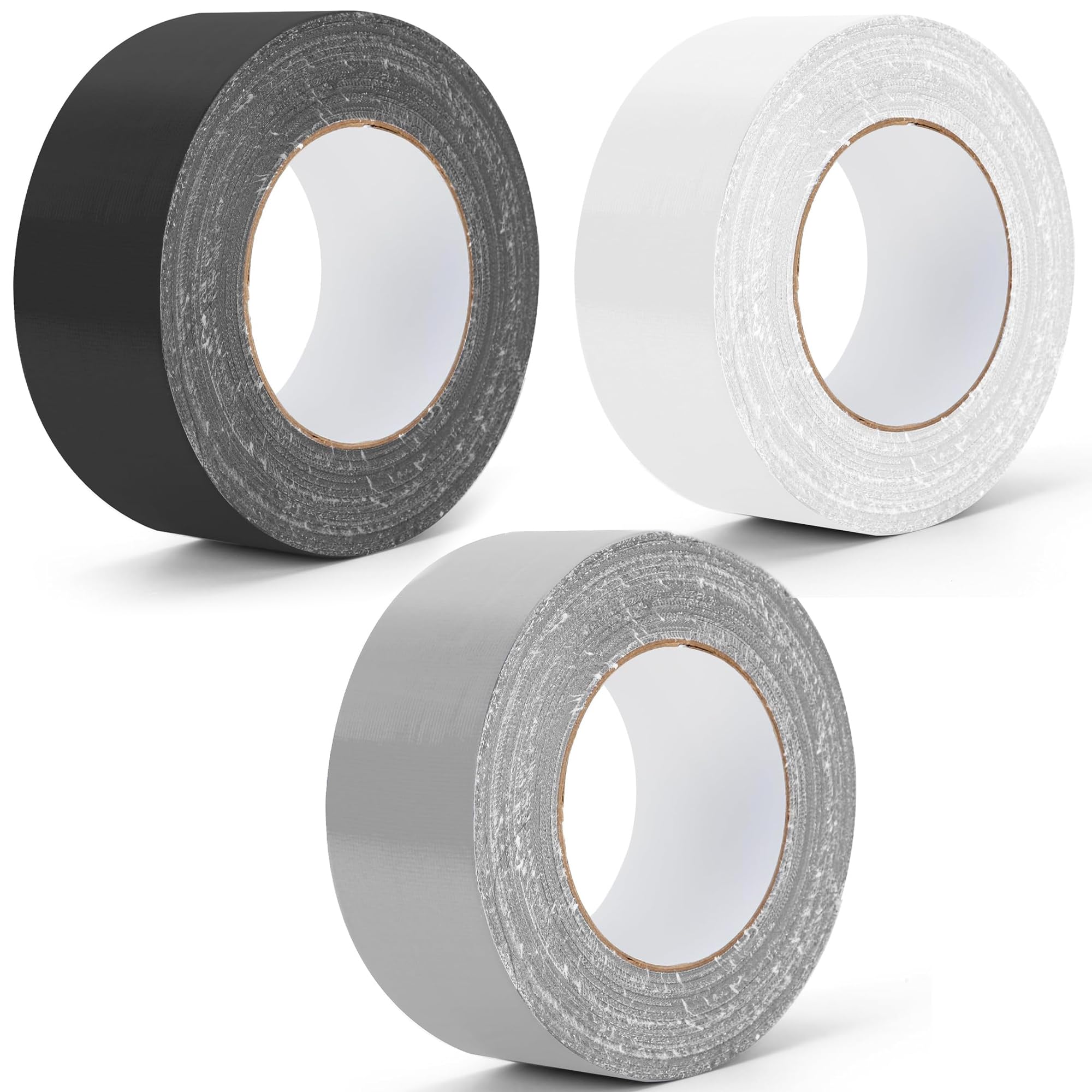3 Rolls Heavy Duty Duct Tape, 48mm x 20m Strong Fabric Tape, Strong Adhesive & Water Resistance Gaffer Tape,Hand Tearable Tapes for Indoor Outdoor Household Construction Sites (Black & White & Silver)