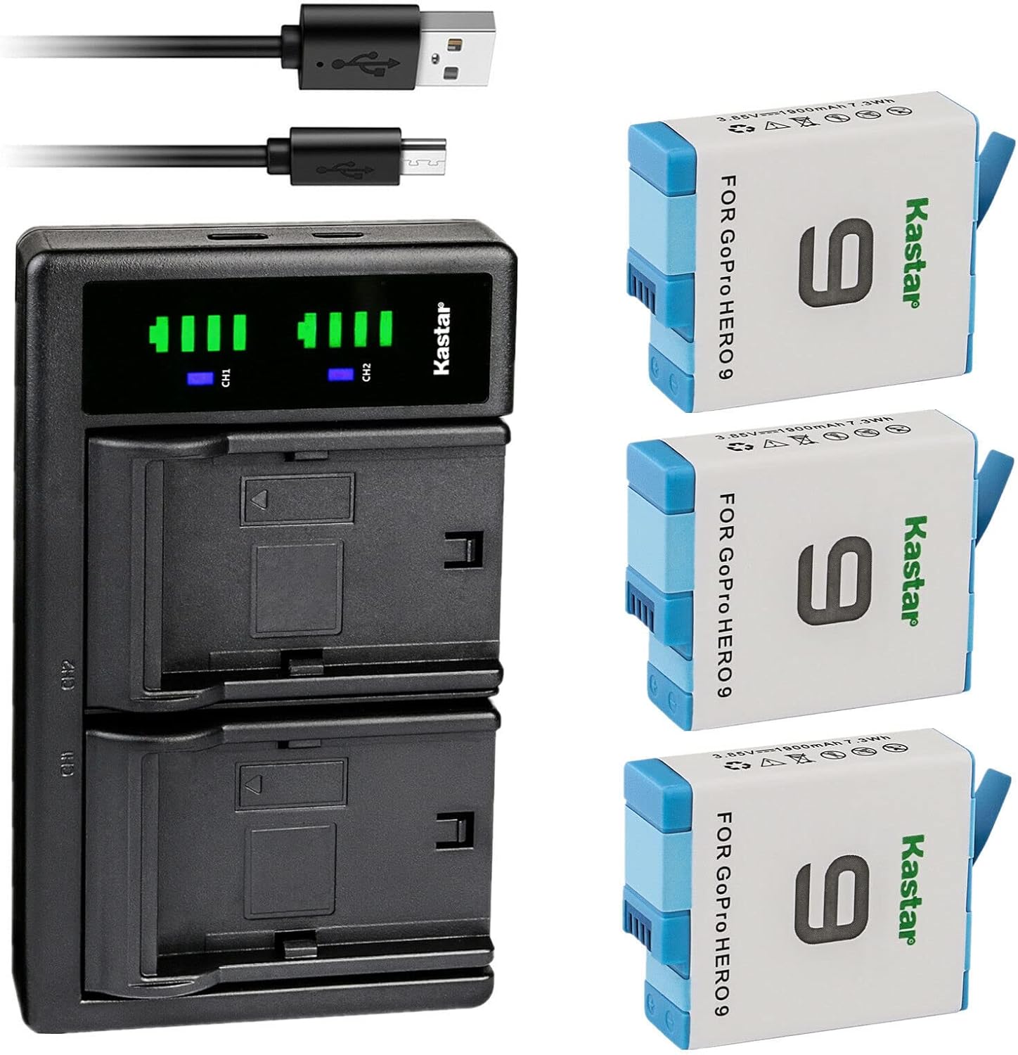 Kastar 2-Pack 3.85V 1900mAh Battery and LTD2 USB Charger Compatible with GoPro HERO9 Hero 9, GoPro ADDBD-001 Battery, GoPro HERO9 Black Edition, GoPro Hero 9 Black Edition, Go Pro 9 Edititon Camera