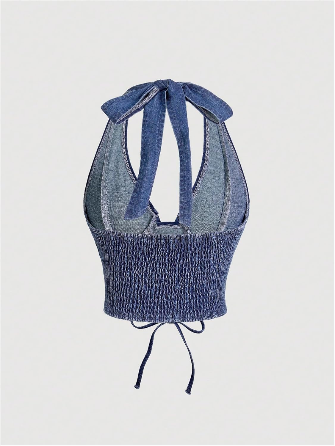 MakeMeChic Women's Denim Corset Top Halter Backless Shirred Y2K Crop Tops - Image 2