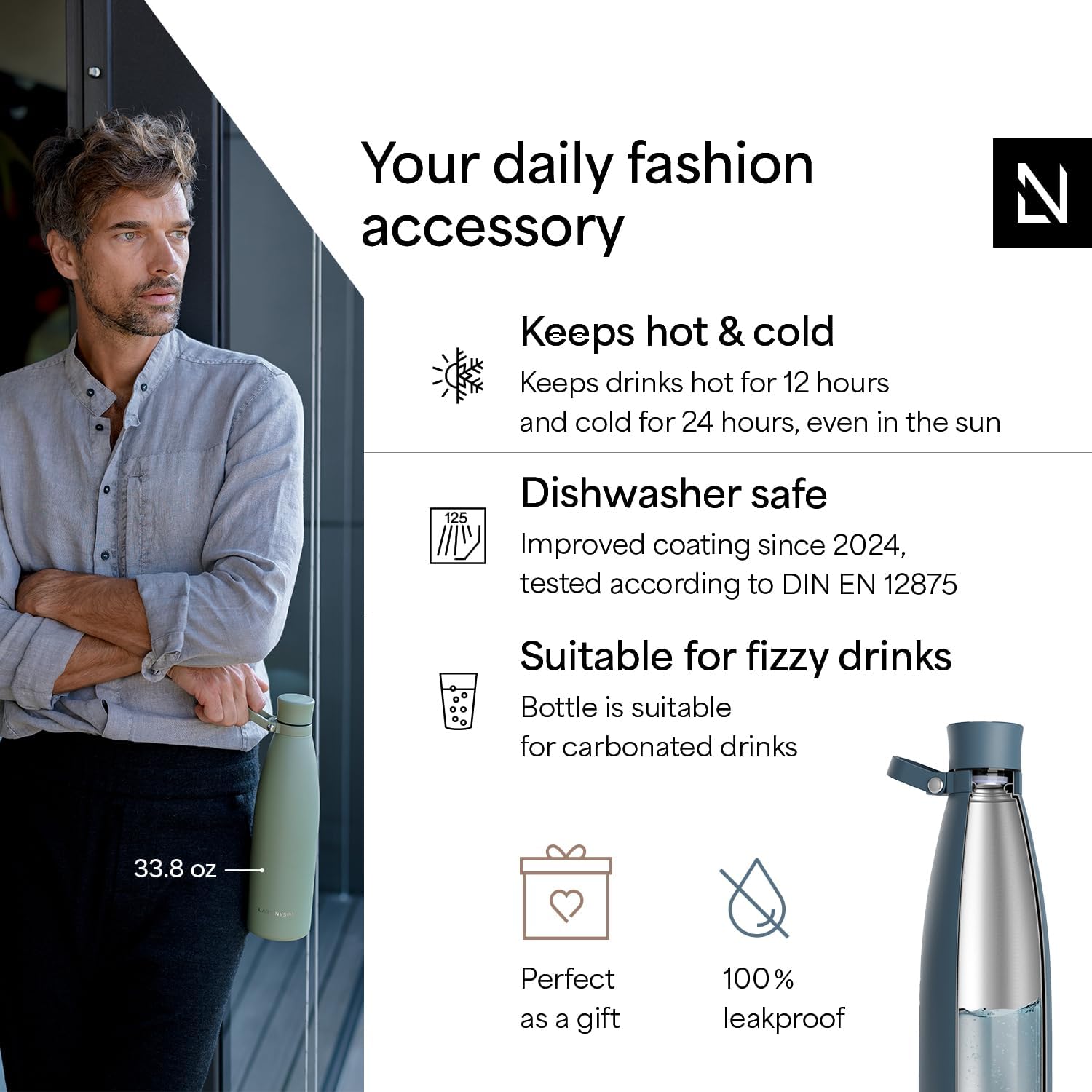 LARS NYSØM Stainless Steel Insulated Water Bottle 25oz 34oz | Insulated Thermo Flask for Hot and Cold Beverages | Leakproof Drinking Bottle (Stone Blue, 33.9oz) - Image 2