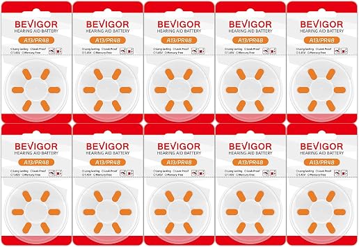 BEVIGOR Hearing Aid Batteries Size 13, Mercury Free 60 Count, Zinc Air Batteries, Easy to Open and Carry, 1.45V, Long Lasting Batteries