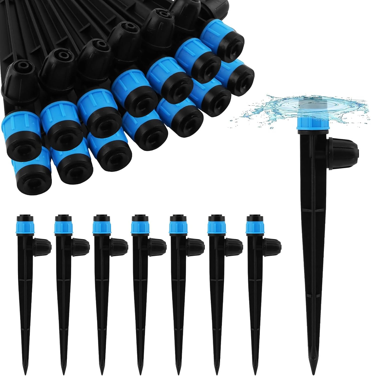 30 PCS Drip Irrigation Emitters with Stakes, 1/4 in Push-to-Connect Drippers, Adjustable 360° Water Output for Garden and Plant Watering(Color:Bule)