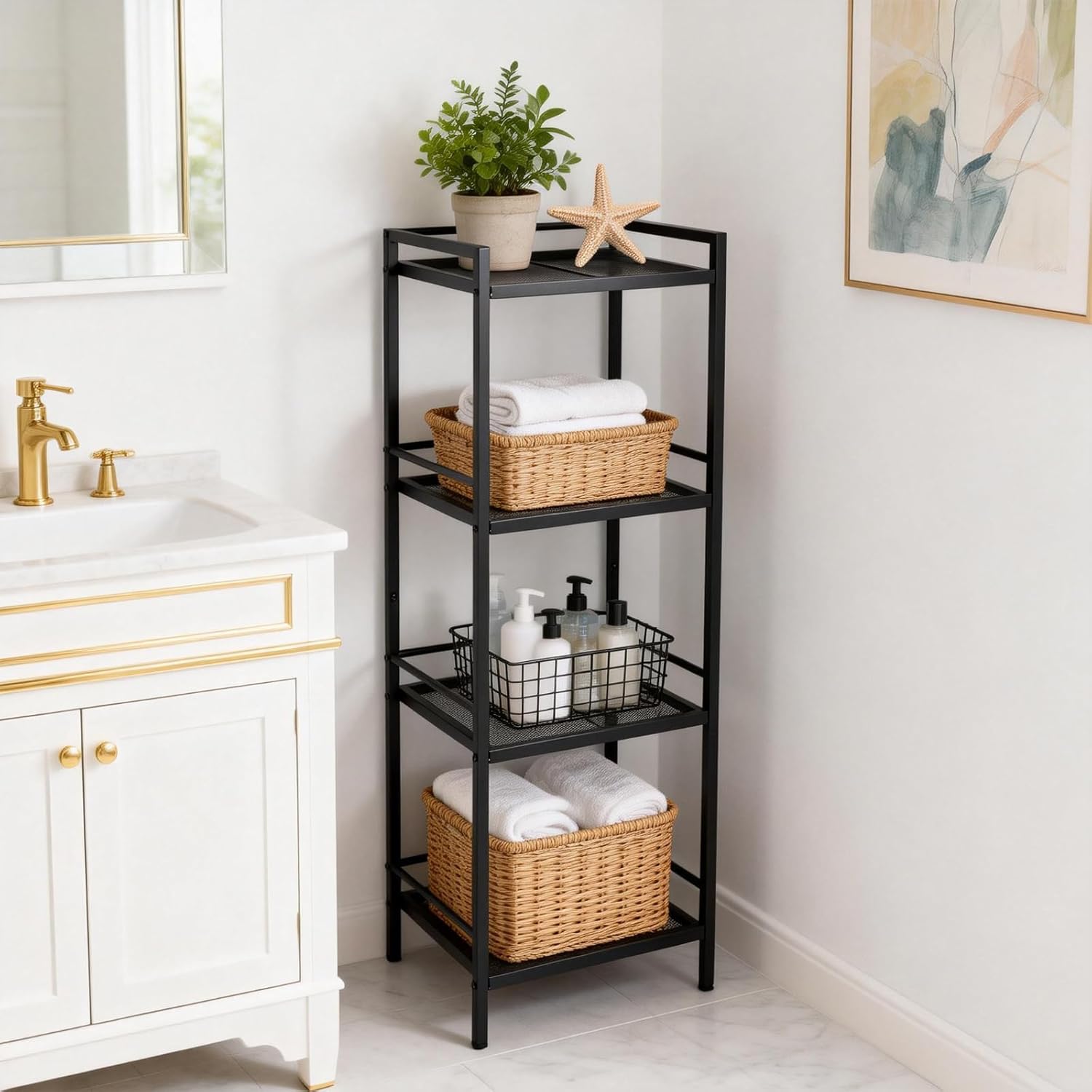 Garvee 4 Tier Bathroom Shelves, Ladder Shelf for Storage, Space-Saving Shelf Freestanding Rustic Home Organizer, Multifunctional Shelving Unit for Living Room Bedroom Kitchen Office Black
