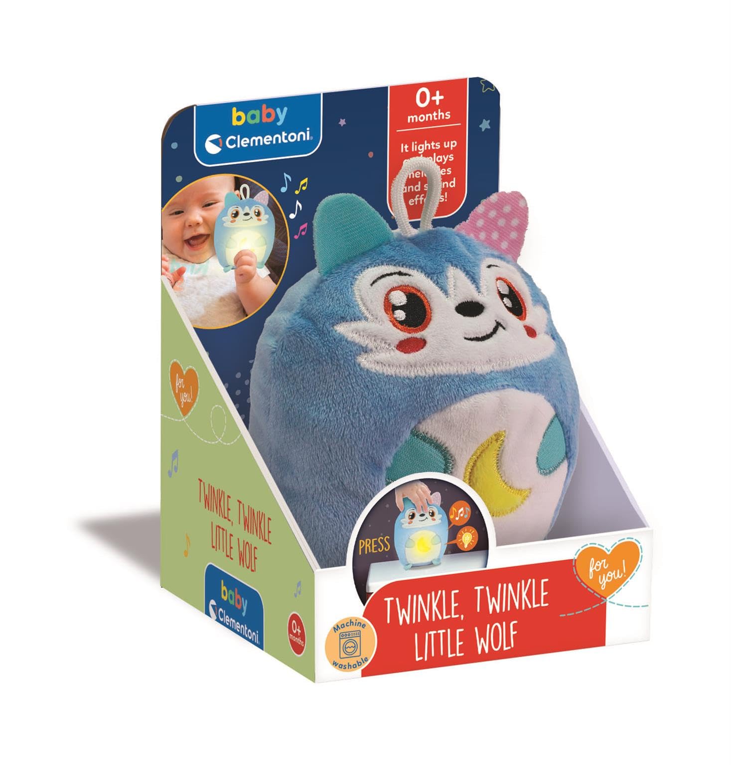 Clementoni Baby for You - Twinkle Twinkle Little Wolf, lampka nocna dla dzieci, 0-miesięczna gra dla dzieci +, wilk z kojącymi światłami i dźwiękami, wsparcie dla spokojnego snu, 17554