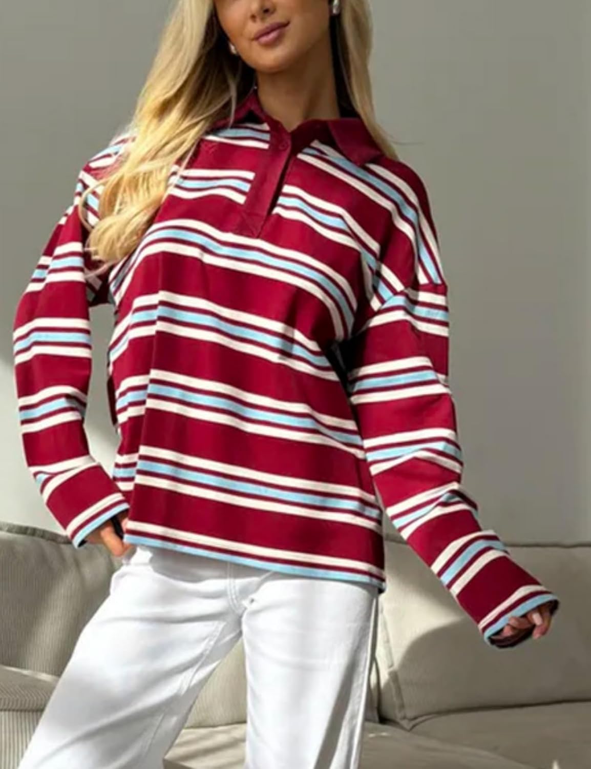 Perbai Women's Rugby Striped Polo Shirt Casual Collared V Neck Button Long Sleeve Y2k Sweatshirt 90s Streetwear - Image 7