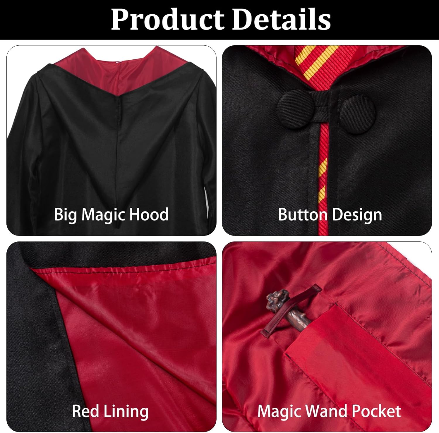 Wizard Costume Accessories Set, Halloween Cosplay Costume with Robe, Scarf, Wand, Tie, Glasses for Dress-up Party - Image 2