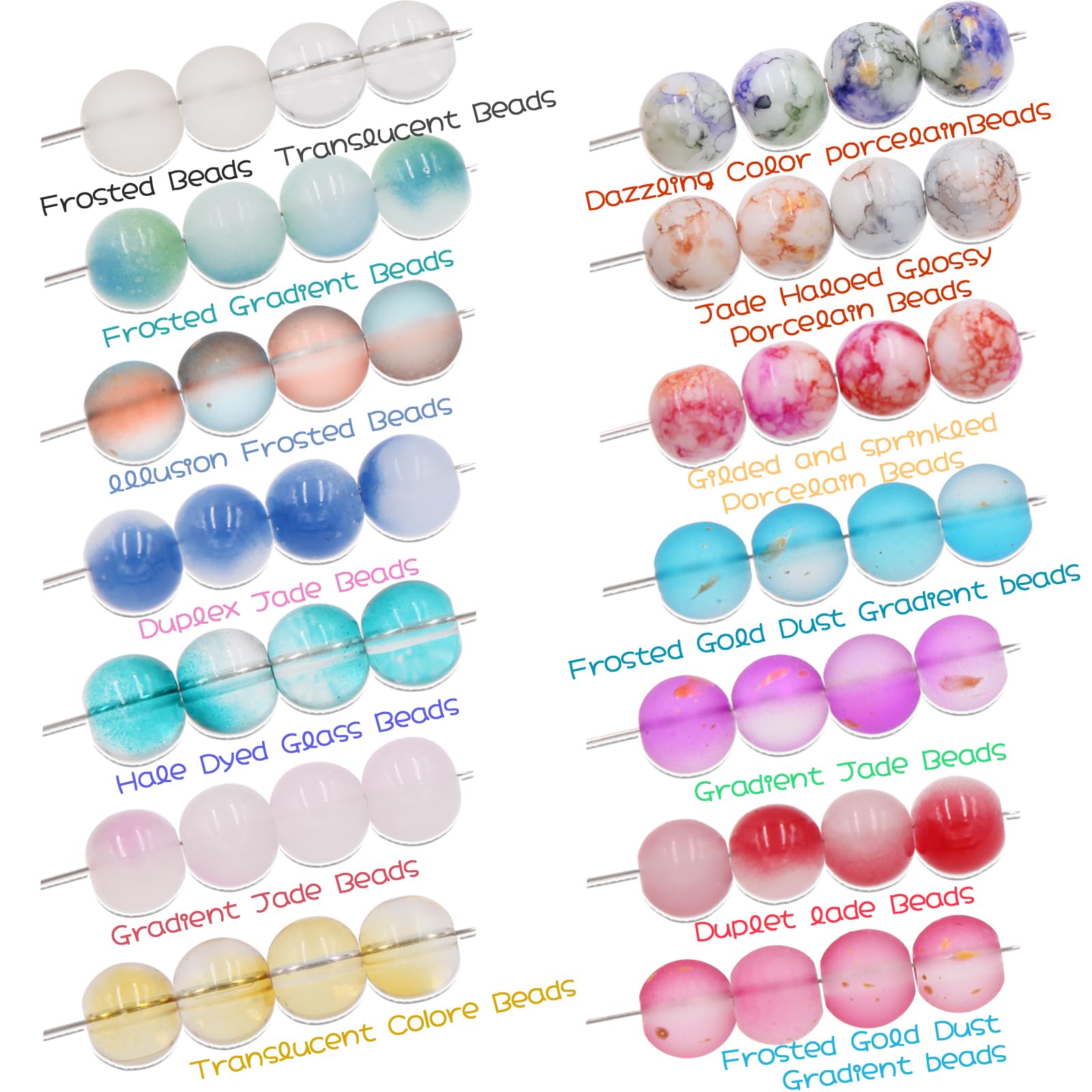 LET'S BEADING Multi-Style Loose Glass Bead Set for DIY Jewelry Making Include Crystal Jade Frosted Transparent Beads with Spacers Beads Elastic Strings for Bracelet Necklace Earring (10mm/48 Colors)