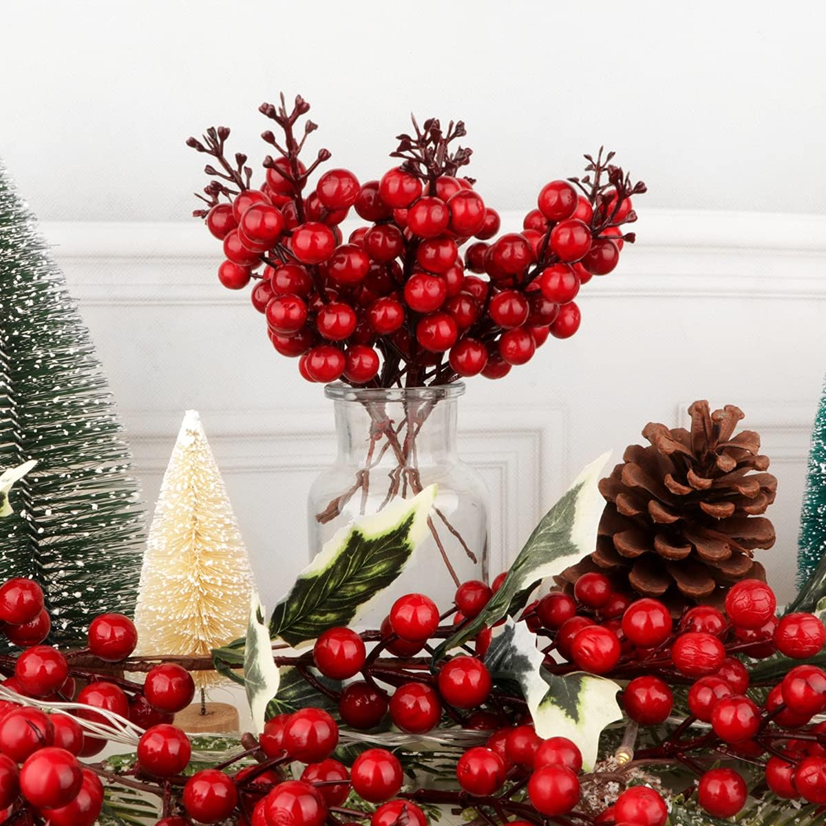 24 Pack Red Berry Stems, 7.5 Inch Artificial Burgundy Red Berry Picks Holly Red Berries Branches Christmas Berry Stem Picks for Christmas Tree DIY Crafts Wedding Holiday Season Winter Home Decor