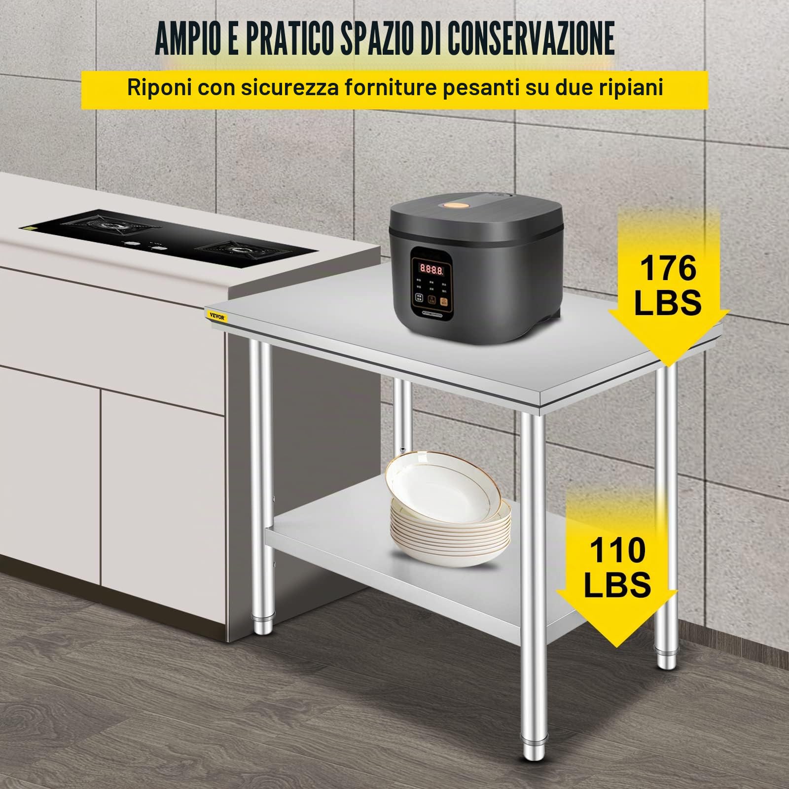 VEVOR Piano di Lavoro per Cucina Professionale 90 x 60 cm, Tavolo da Lavoro da Cucina in Acciaio Inox, Tavolo da Lavoro per Cucina Professionale con Baclsplash