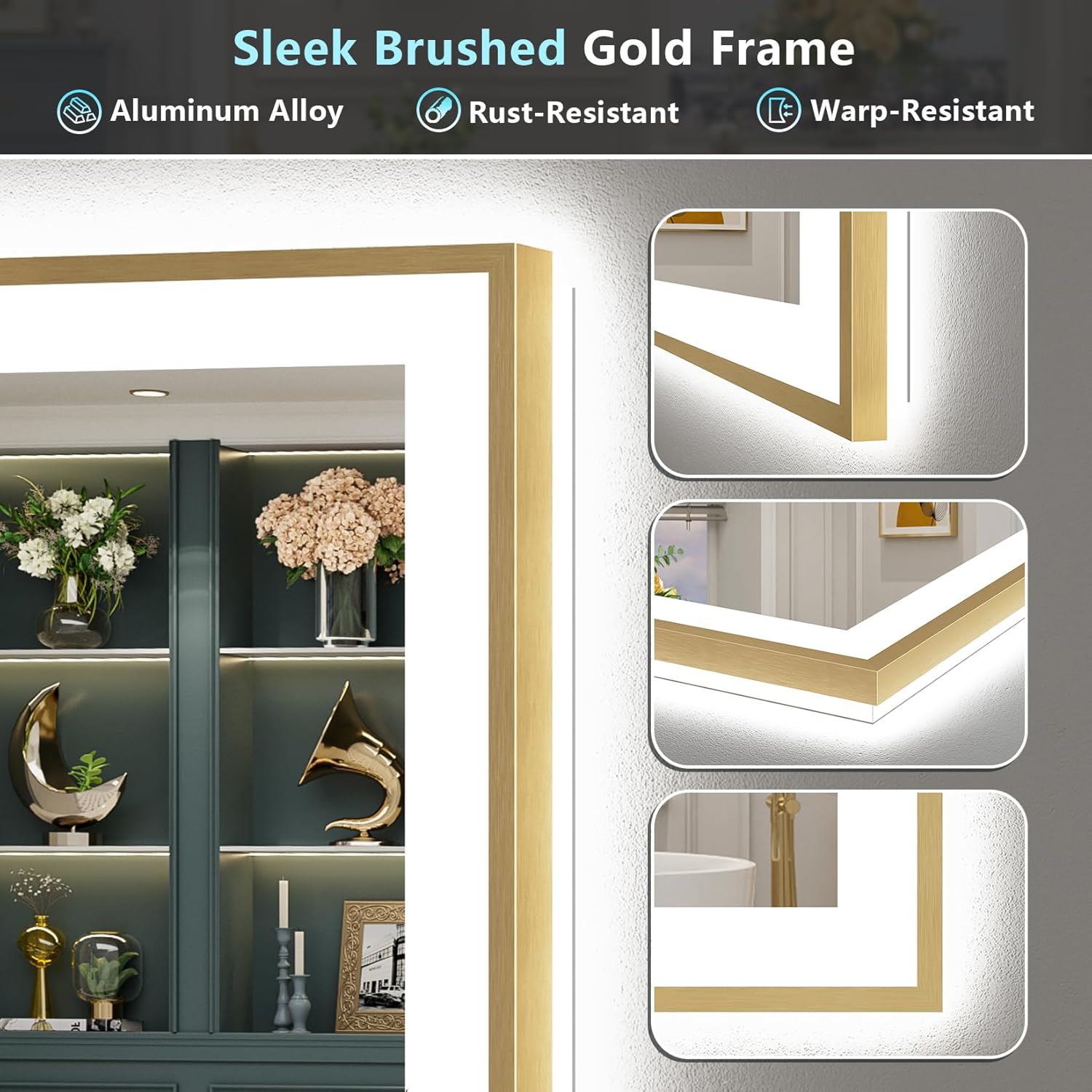 50x40 Gold LED Bathroom Mirror with Lights, Brushed Gold Framed Backlit and Front Lit Anti-Fog Lighted Vanity Mirrors for Bathroom Wall, Dimmable, 3 Colors, Memory, HD Tempered Glass, CRI＞90