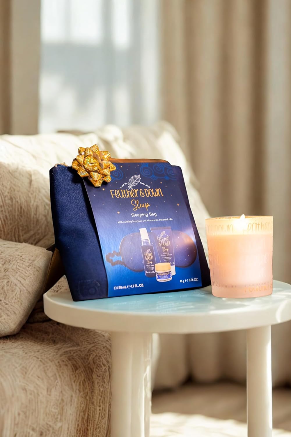 Feather & Down Sleeping Bag Gift Set (luxury eye mask, sleep balm, pillow spray and shower cream) - relaxation gift with calming lavender & chamomile essential oils perfect for Mothers Day 71TH6B5aBxL. AC SL1500