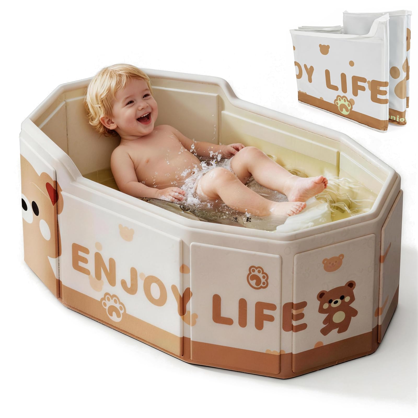Vasca da Bagno Pieghevole Bambini con Schienale Rialzato, Vasca Portatile per Neonati 0-8 Anni con Tappo di Scarico, Vascas Salvaspazio Richiudibile per Doccia Domestica e Viaggi