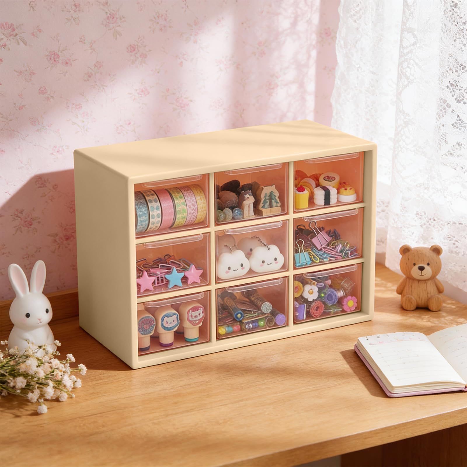 Desk Organizer Box with 9 Compartments, Jewelry Organizer Storage Box with Multi Drawer Structure for Rings, Earrings, Beads, Makeup, Office, and Craft Storage, Yellow