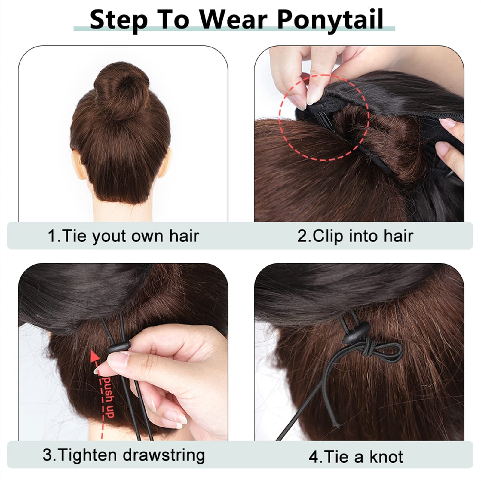 Cola de Caballo Cola de caballo con cordón ondulado de cuerpo largo sintético for mujer Extensión de cabello con cordón de onda esponjosa de 26 pulgadas Clip suave natural en postizo de cola de caball