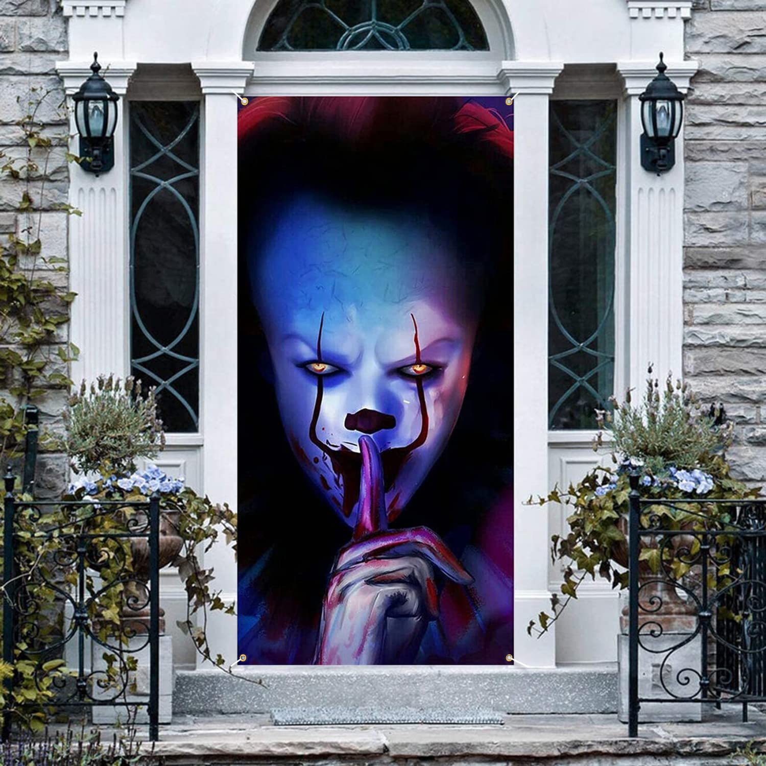 Joker Payaso Halloween Banner Decoración Halloween Puerta Cubierta telón de fondo Trick or Treat Película de terror Asesino espeluznante Terror IT Tema Fondo Decoración Halloween Fiesta de cumpleaños