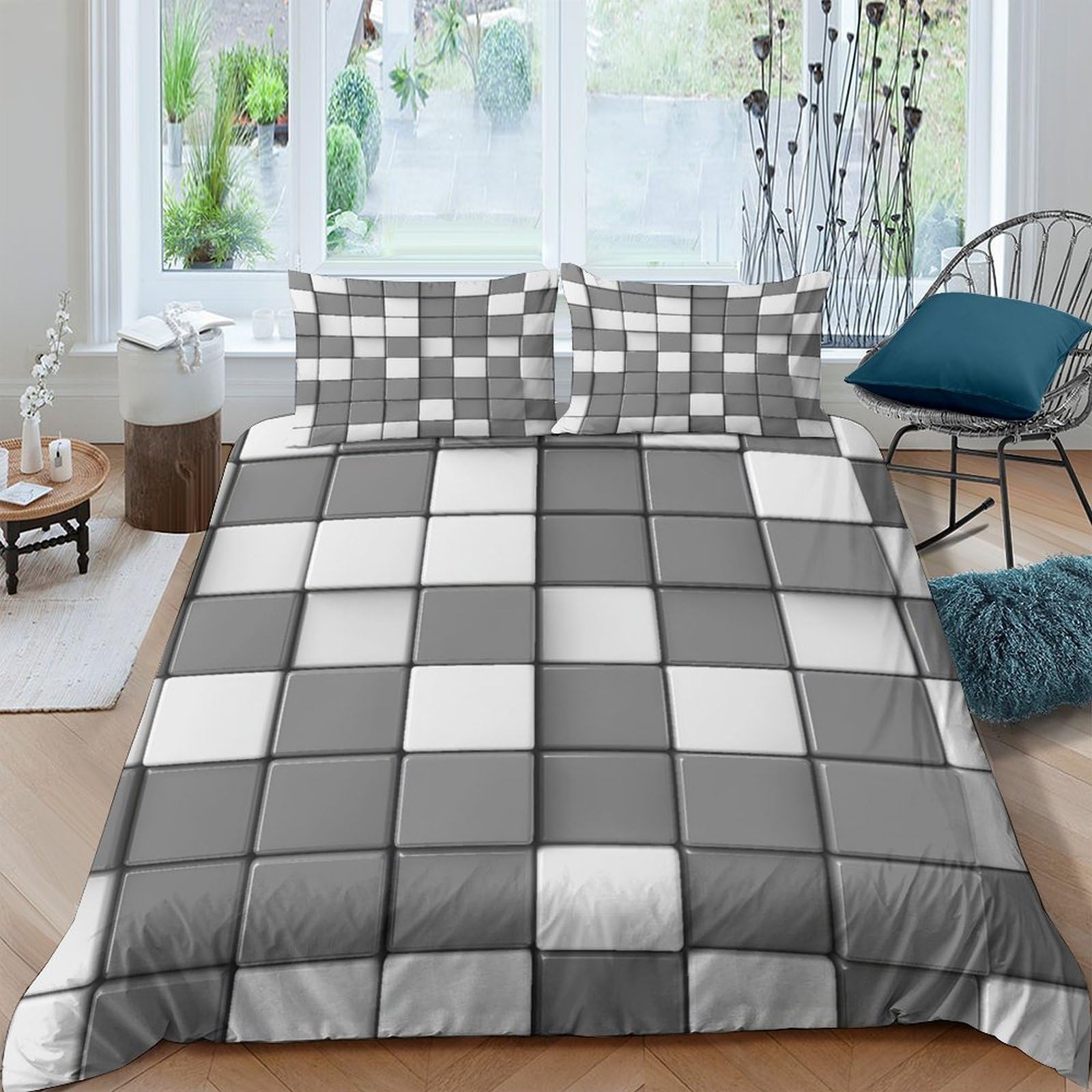 Ctjqhvkz Style-10 3D Printed Grey White Plaid Fitted Sheet Microfiber Soft Breathable Checkered Bed Cover For Bedroom Dorm Mattress Decor Single（135X200cm）