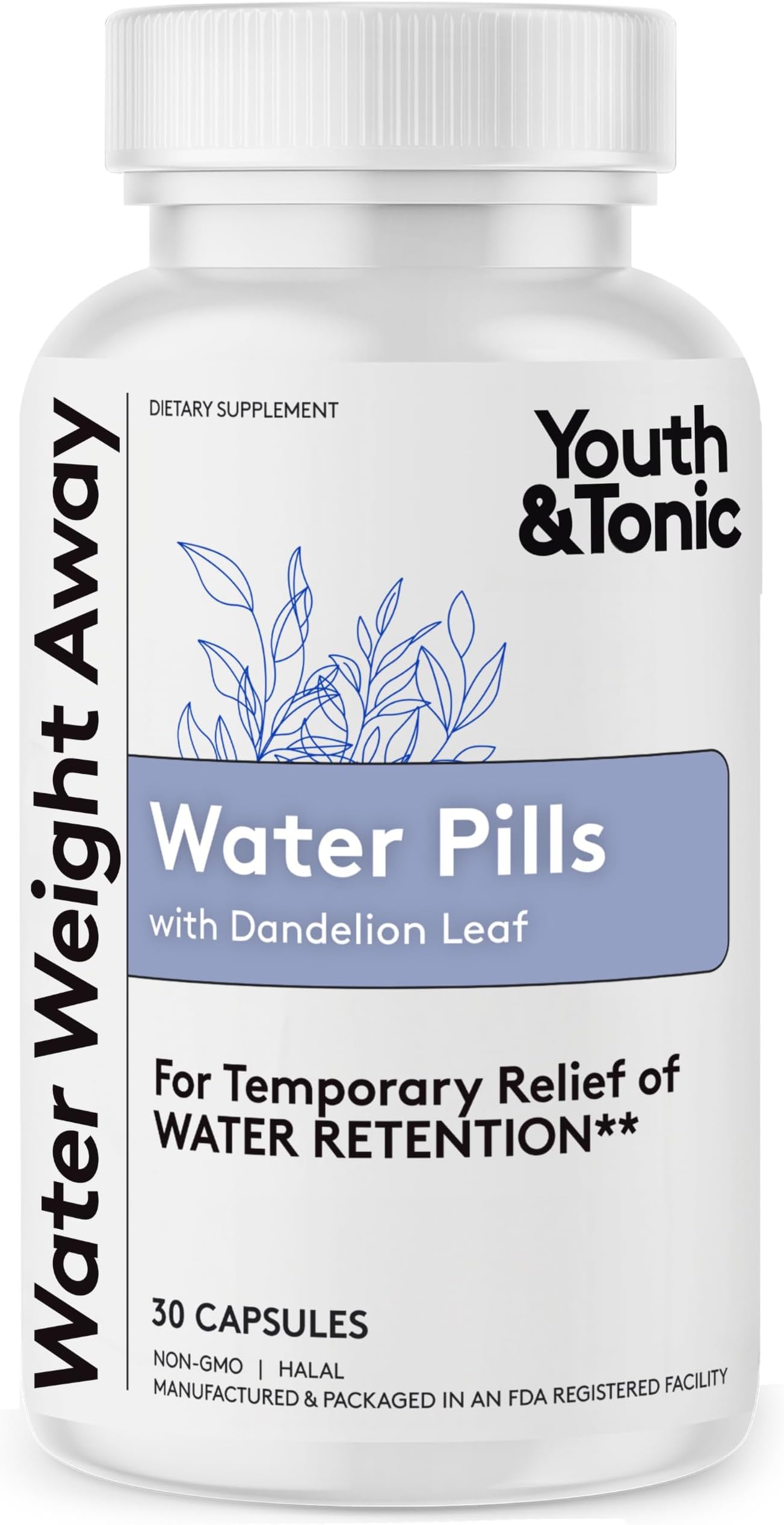 Youth & Tonic Natural Water Pills Weight Loss Women, Men, Water Retention | Water Pills for Swollen Legs & Feet, Swelling, Fluid Relief, Water Retention Pills Maximum Strength, Natural Diuretics, 30 ct