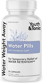 Youth & Tonic Natural Water Pills Weight Loss Women, Men, Water Retention | Water Pills for Swollen Legs & Feet, Swelling, Fluid Relief, Water Retention Pills Maximum Strength, Natural Diuretics, 30 ct