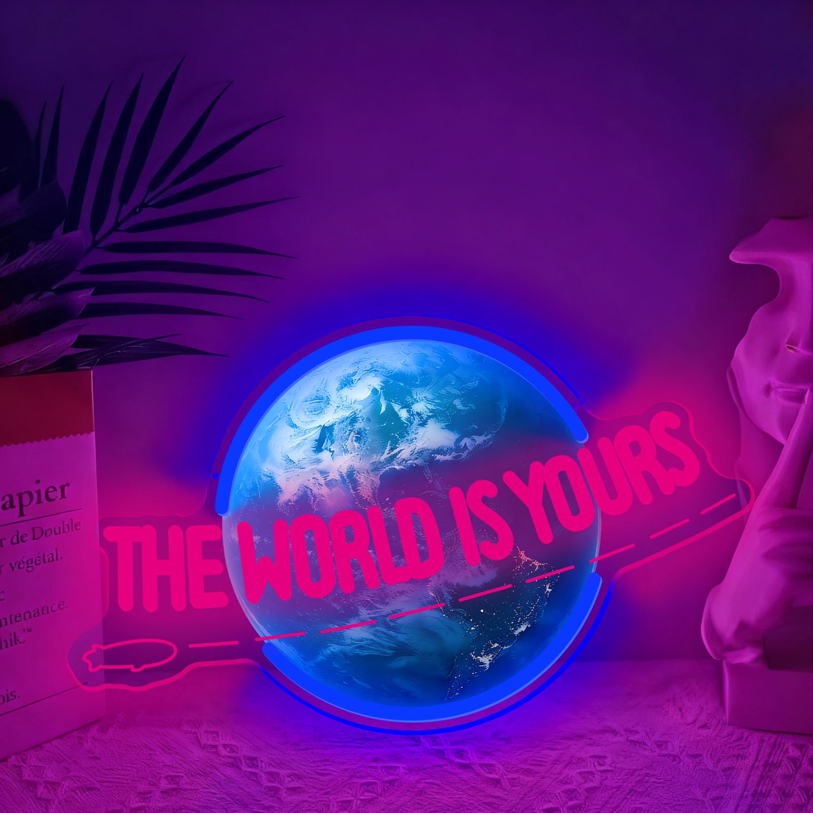 THE WORLD IS YOURS Neon Light UV Printed Wall Decoration USB Power Supply LED Light THE WORLD IS YOURS Neon Sign Suitable for Gatherings Clubs Bedrooms and Study Rooms(5V 15.75 * 9.84 in)