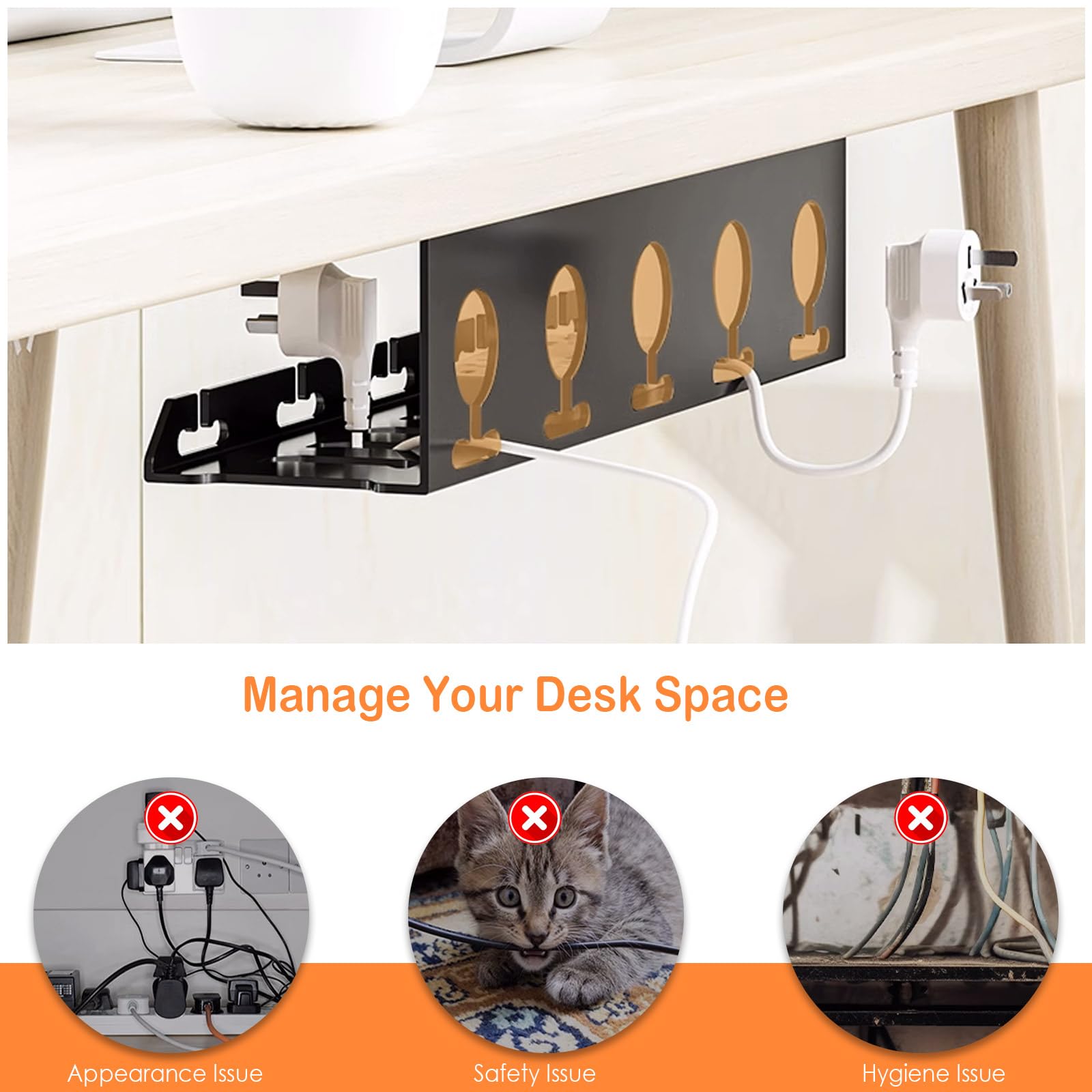 Plateau de gestion des câbles sous le bureau sans perçage – Organiseur de câbles de bureau en acier au carbone de 50,8 cm – Support de multiprise et organisateur de câbles pour bureau (40 cm)