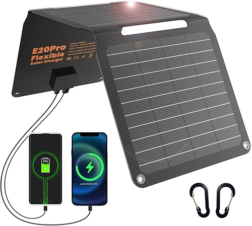 Actualizado FlexSolar - Panel solar portátil de 20 W, paneles plegables ETFE de alta eficiencia con puertos USB AUSB C de 5 V, cargador solar de