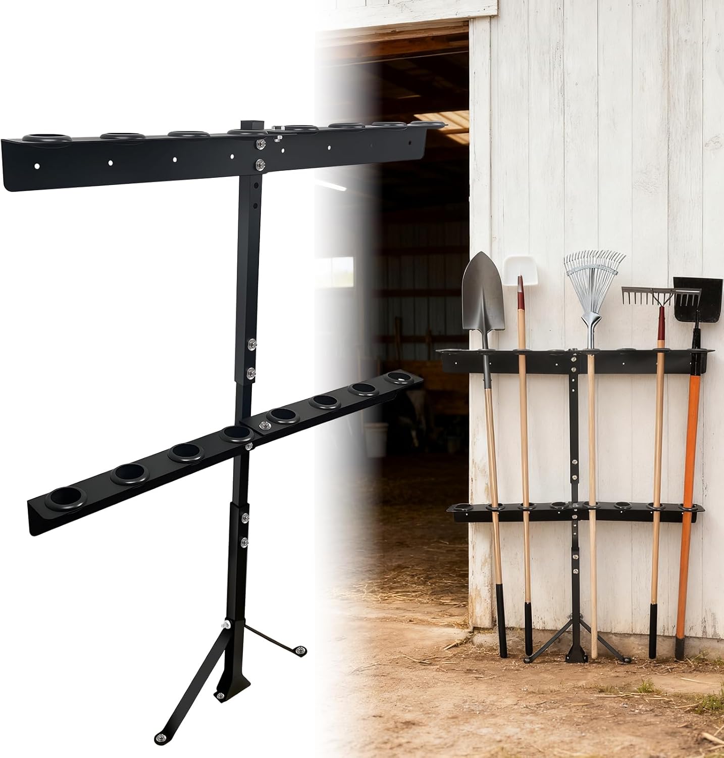 Trailer Tool Rack with Rubber Grommets & Reinforced Base –Heavy Duty 8-Hole Steel Shovel Holder Holds Shovels, Rakes, Hoes for Open Trailers, Trucks & Lawn Care Equipment