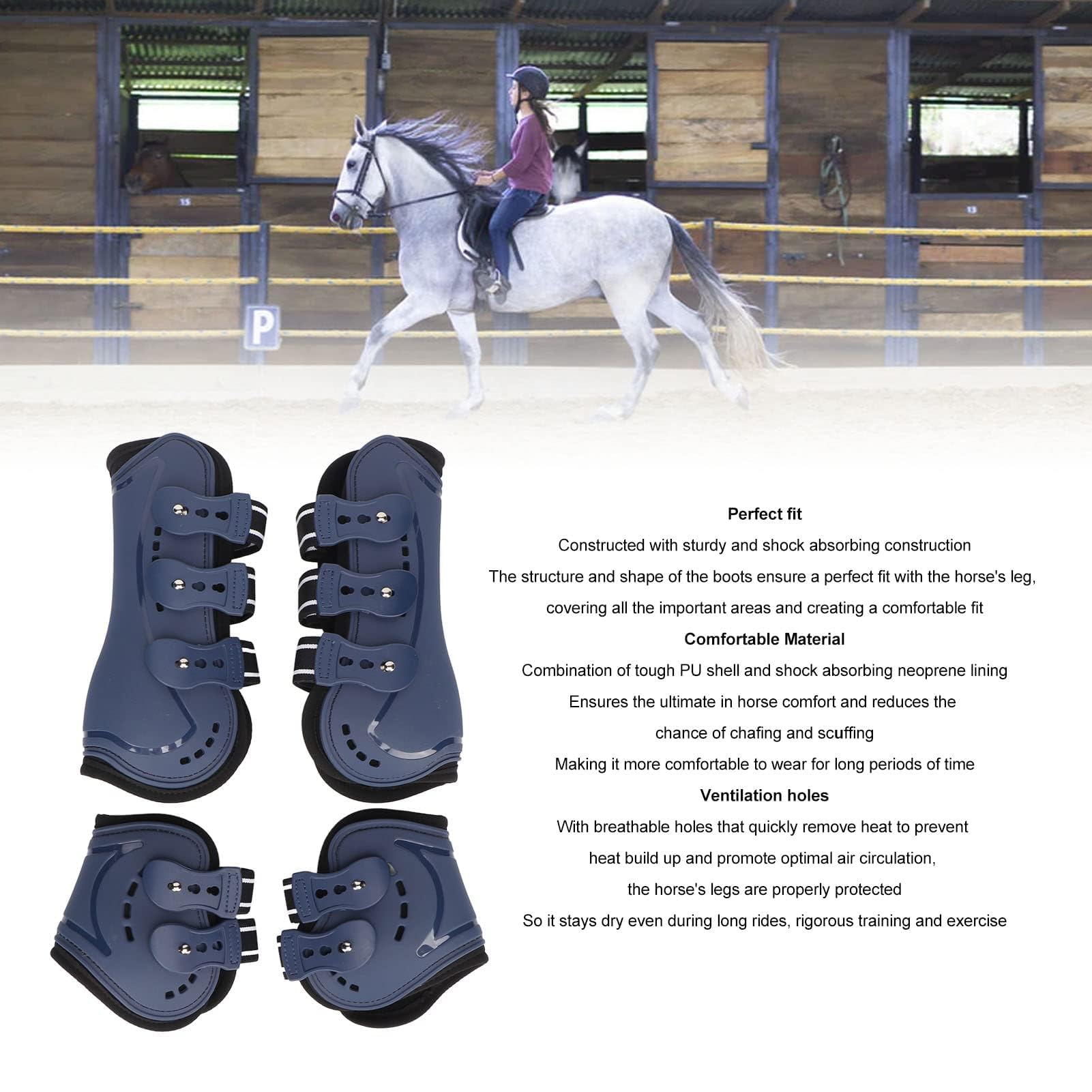 Botas Protectoras Para Tendón De Caballo, Bota De Menudillo Frontal Abierta Ajustable, Botas Protectoras Transpirables Para Tendón De Salto De Caballo, Juego Azul De 4(M)