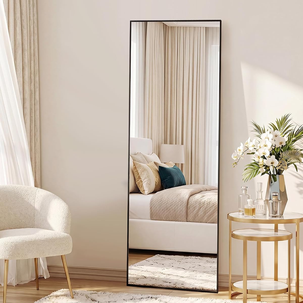 Sweetcrispy 56"x15" Full Length Mirror, Standing Full Body Mirror, Black | Aluminum Alloy Thin Frame, Floor or Standing, Suitable for Bedroom, Living Room, Cloakroom