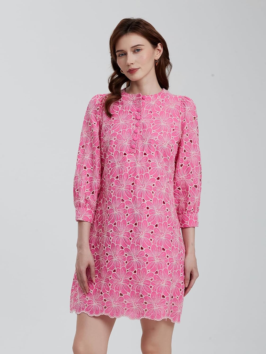 D-Sun Women's Floral Jacquard Dress Crewneck 3/4 Sleeve 3D Embroidered Slim Mini Dress Button Down Fall Elegant Short Dresses - Image 3