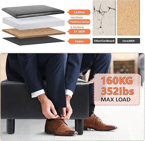 Miniatura 3 de BRIAN & DANY PU Leather Foot Stool with Wooden Legs & Padded Foam Seat, Small Ottoman Footrest Seat, Black