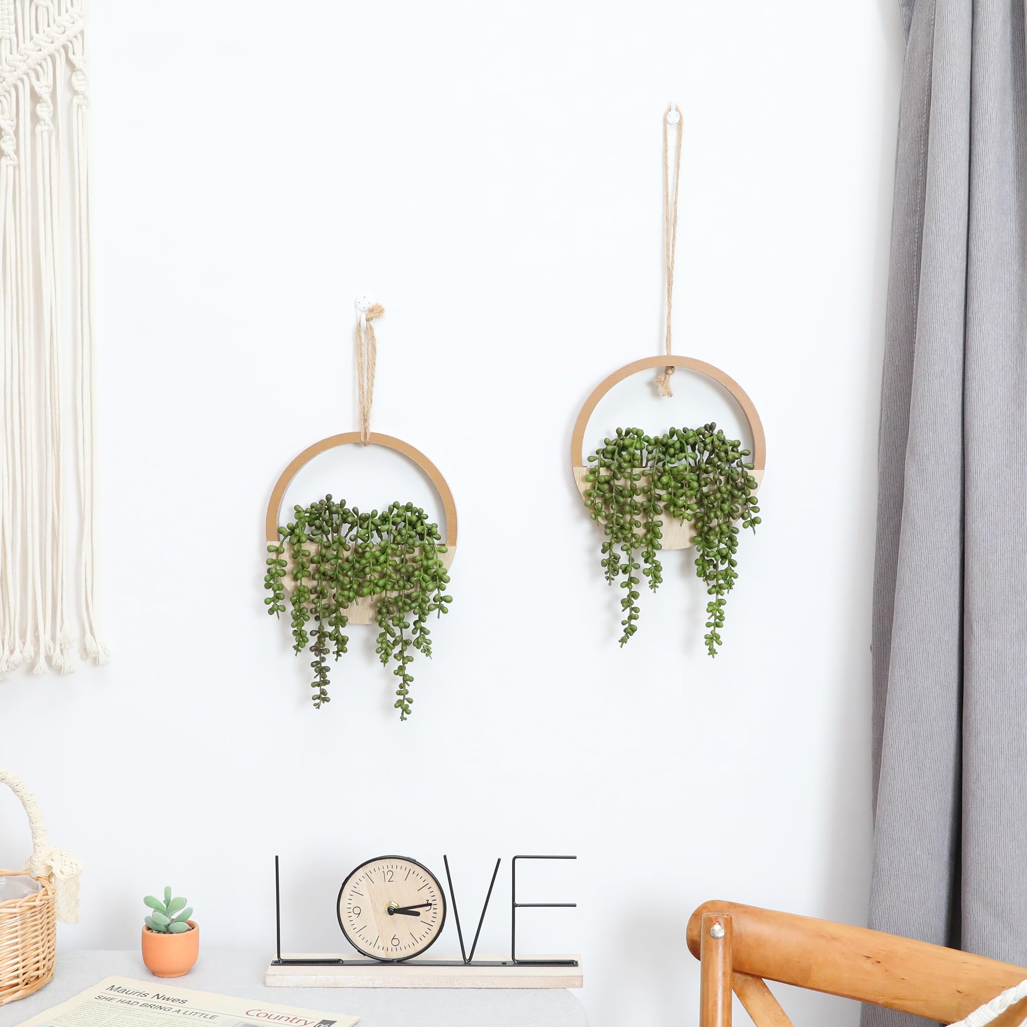 Floweroyal Lot de 2 Plantes succulentes artificielles à Suspendre de 50,1 cm en Pot avec Cordon de 24 cm pour décoration Murale intérieure et extérieure (Couleur Bois)