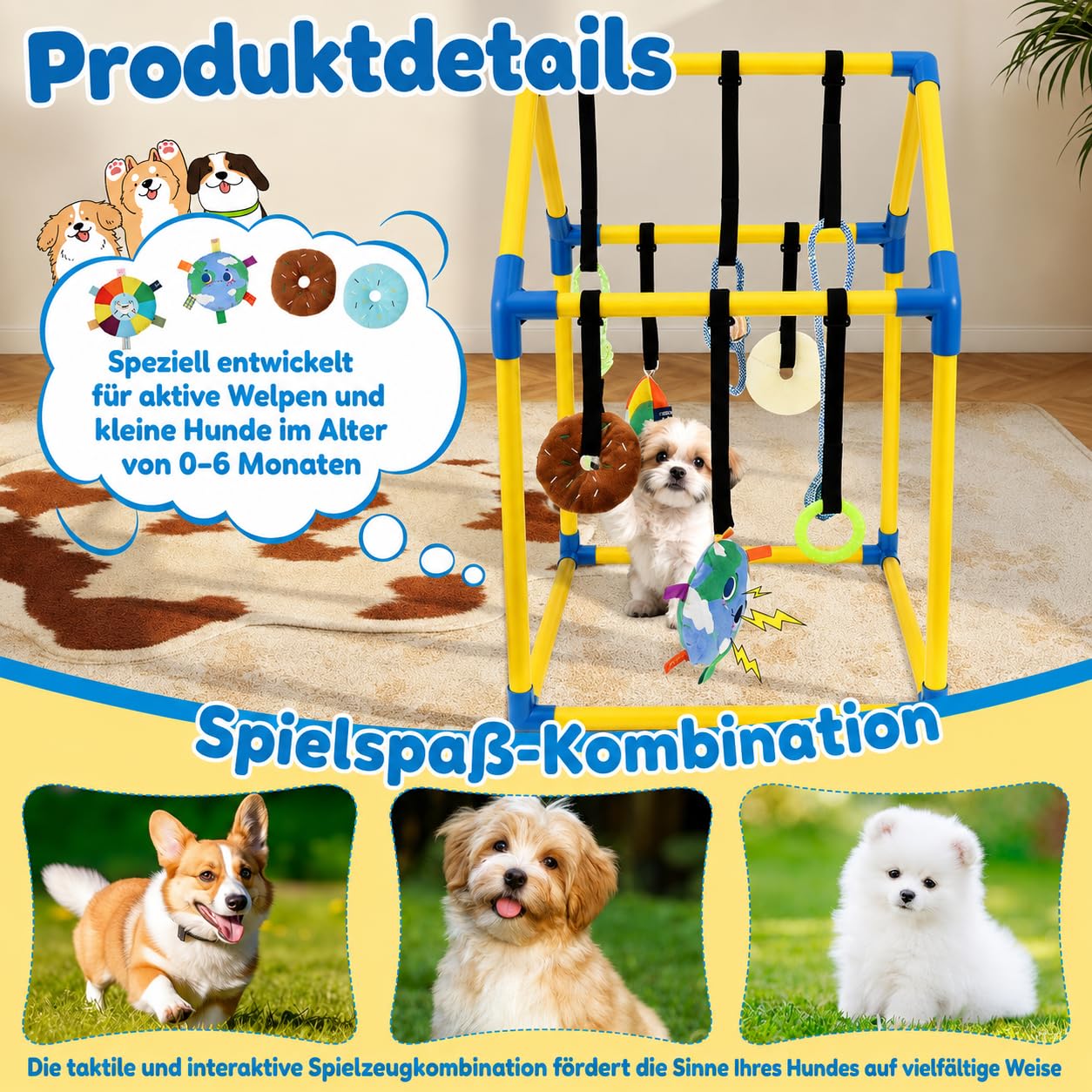 Parc de jeu pour chiots avec 8 jouets intelligents et fermetures , salle de jeu pour petits chiens avec cadre en PVC, jouet pour chiots pour dressage, apaisement, sol intérieur