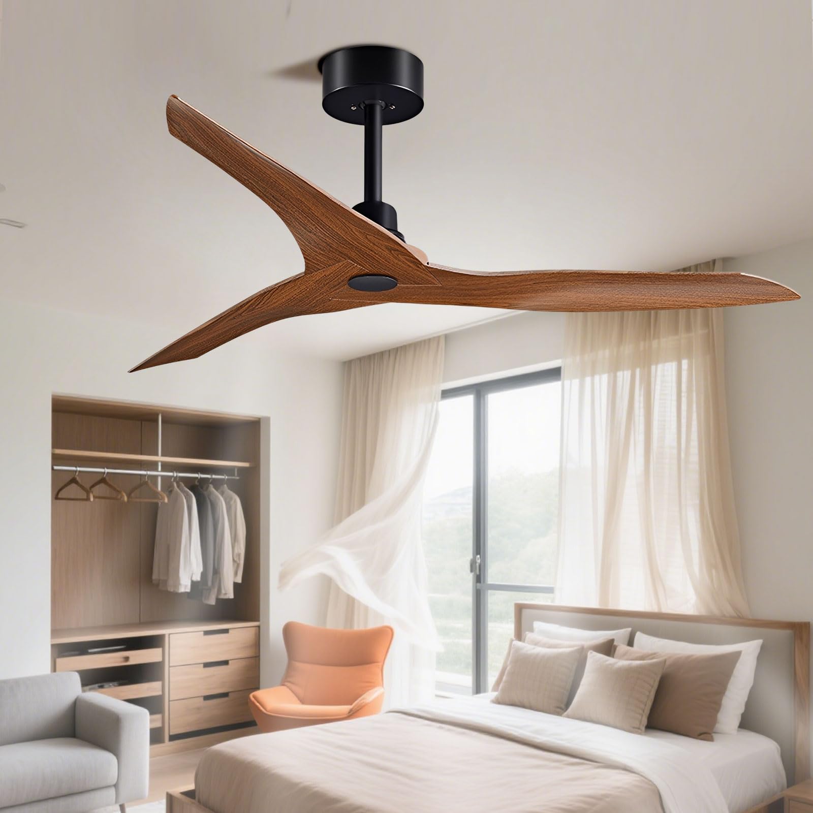 IBalody Indoor Ceiling Fan Without Light Remote Control 6 Speeds Ceiling Fans 3 Propeller Blades, DC Motor Ceiling Fan No Light For Bedroom Dining Room Living Room Kitchen Garage