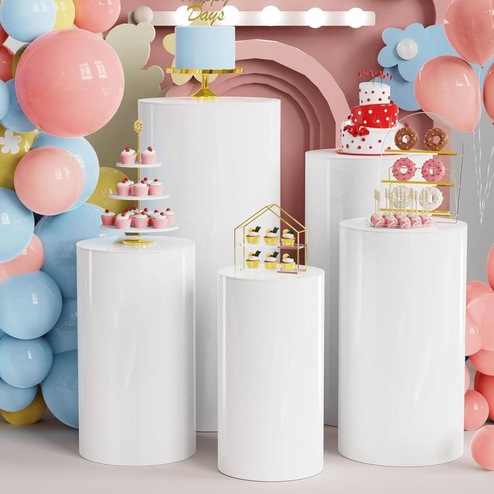Juego de 5 soportes cilíndricos blancos - Pilares de pedestal redondos para exhibición de pasteles y flores para bodas, cumpleaños, baby showers, Halloween y eventos navideños Blanco