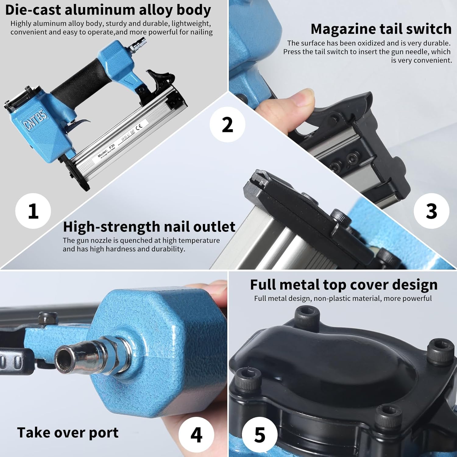 Jadeshay F30 Pneumatic Nail Gun, Air Nailer Stapler for Woodworking with 1000 Nails for F10/F15/F20/F25/F30