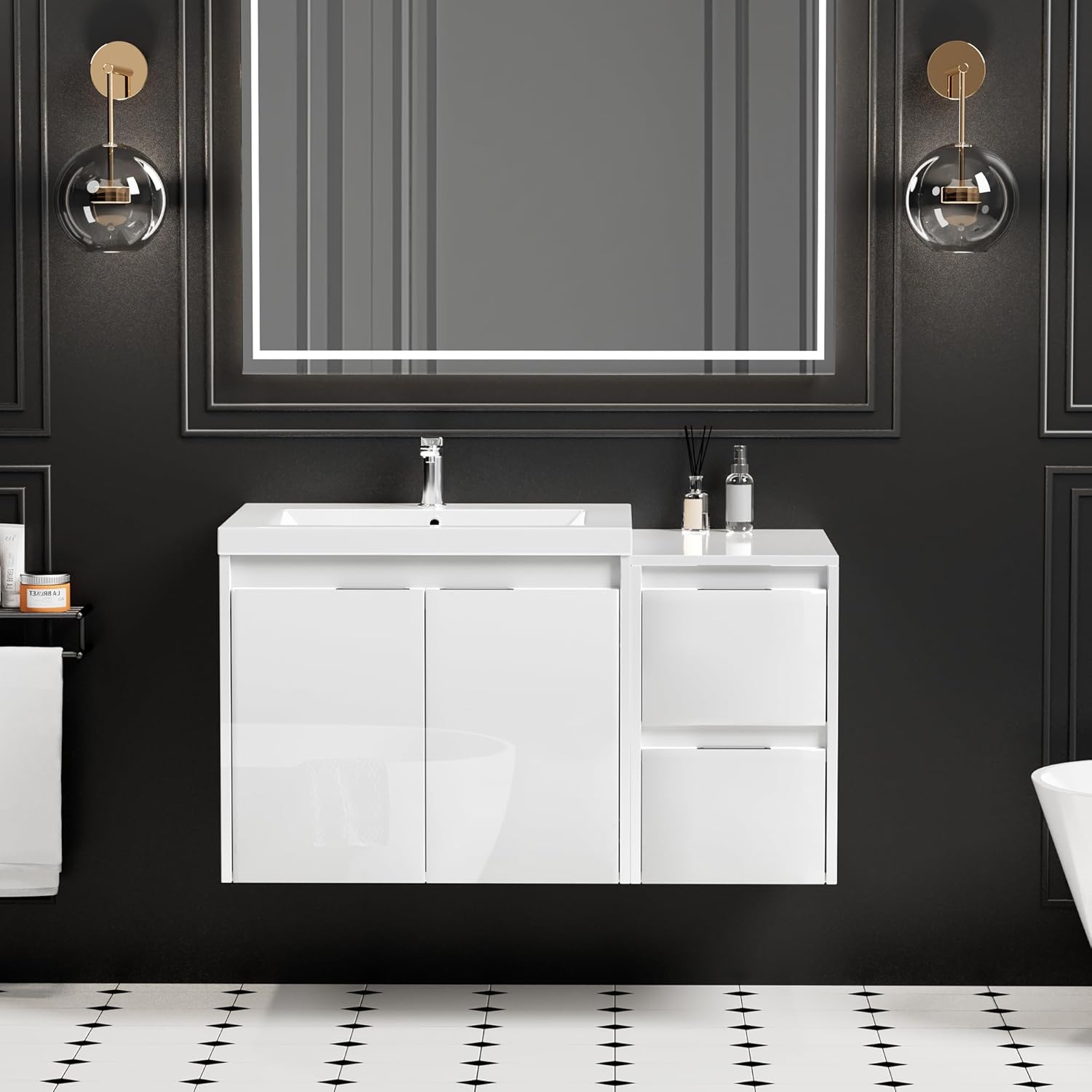 36 inch Floating Bathroom Vanity with Sink, Wall Mounted Bathroom Vanity with Storage Cabinet Combo, Resin Sink, Soft Closing Doors & Drawers, Modern Vanity Cabinet, Glossy White