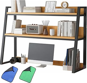 Ladder Desktop Shelf Desk Hutch 3-Tier for Computer Desk, Desktop Display Rack, Multipurpose Vintage Metal and Wood Desktop Bookshelf Storage Organizer for Home Office,Black a,55x32x90cm