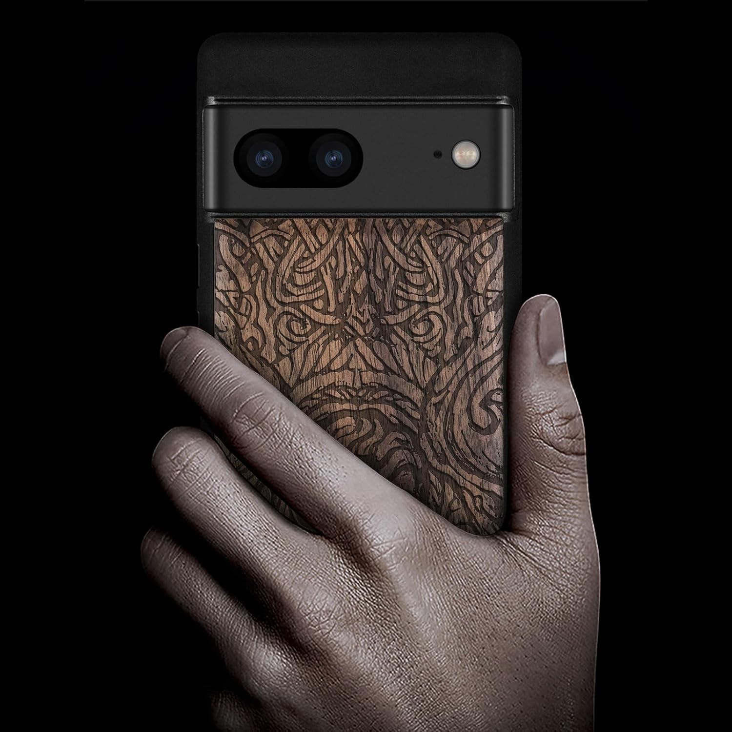 Carveit Wood Case for Pixel 7 Case [Natural Wood & Black Soft TPU] Shockproof Protective Unique Wooden Cover Compatible with Google Pixel 7 (Futhark Letters-Walnut)