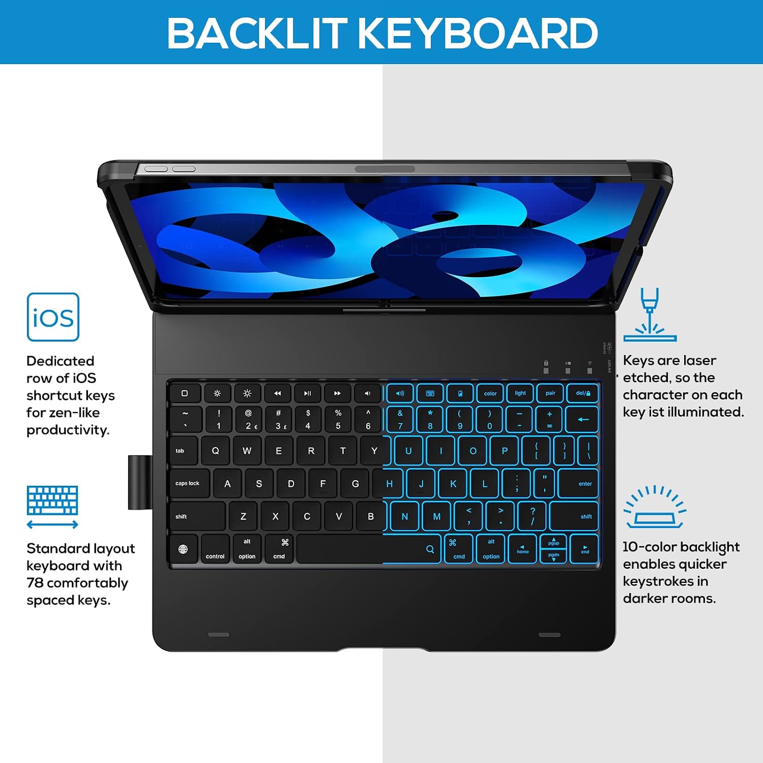 YEKBEE Keyboard Case for iPad Air 5th Generation - 10.9" 2022 - Slim - 360° Rotatable - 10 Colors Backlit - Smart Protective Cover with Pencil Holder for iPad Air 5th 4th Gen - Black