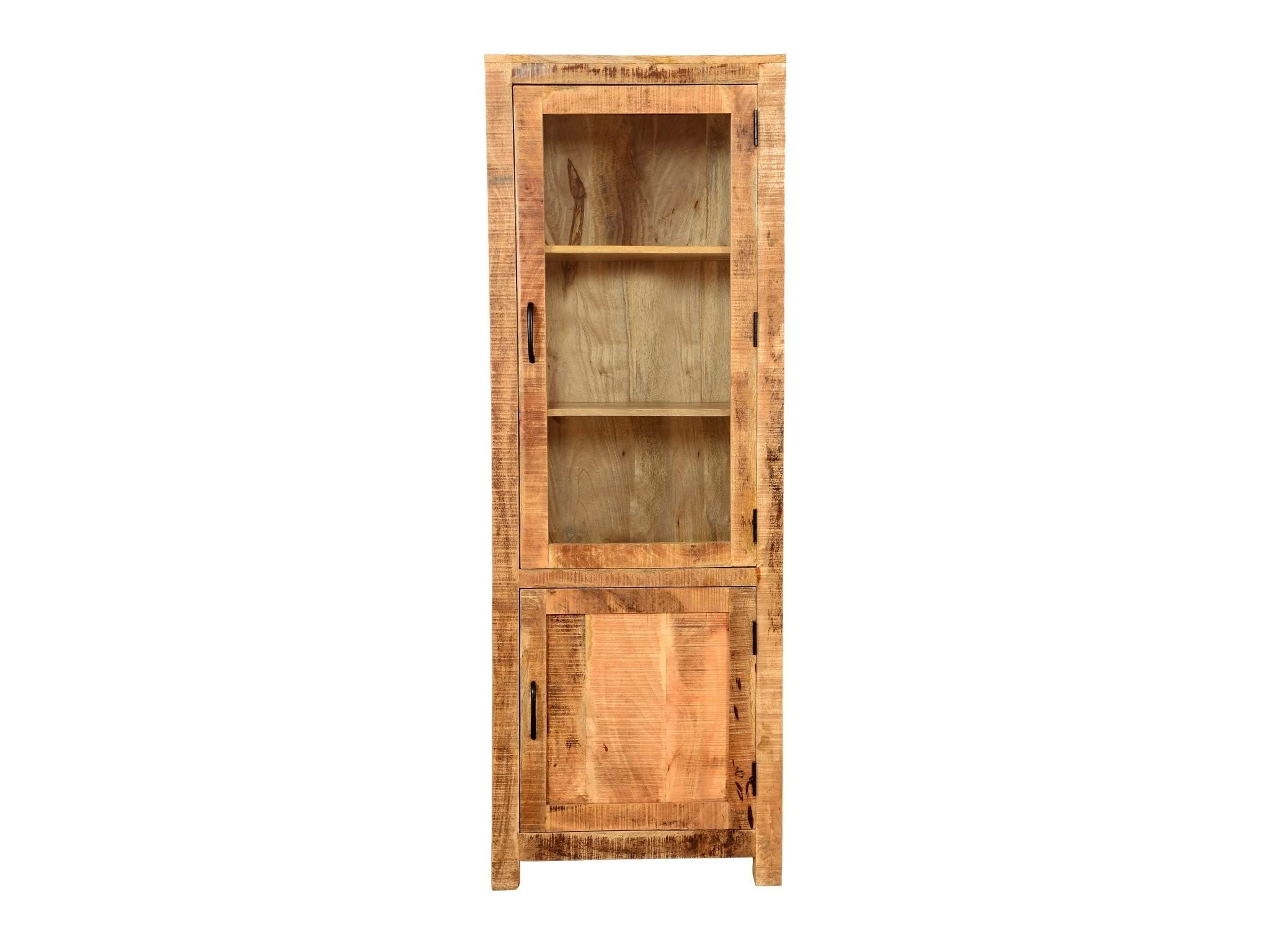 Boston Indian Solid Wood Wardrobe Glass Cabinet with top glass door and bottom solid door open, revealing interior shelves.