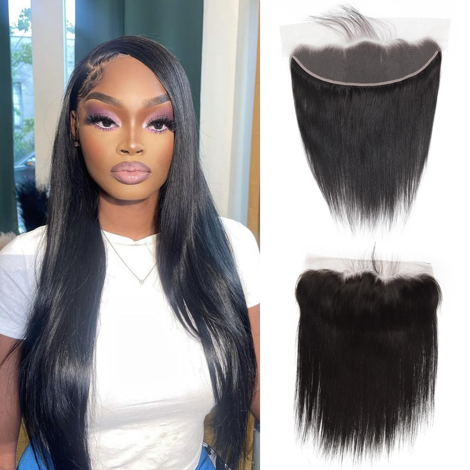 13x4 Lace Frontal Closure Brazilian Virgin Human Hair Pre Plucked HD Transparent Straight Frontal Lace Closure 150% Density Ear to Ear Hair Extensions Natural Black (18 Inch)