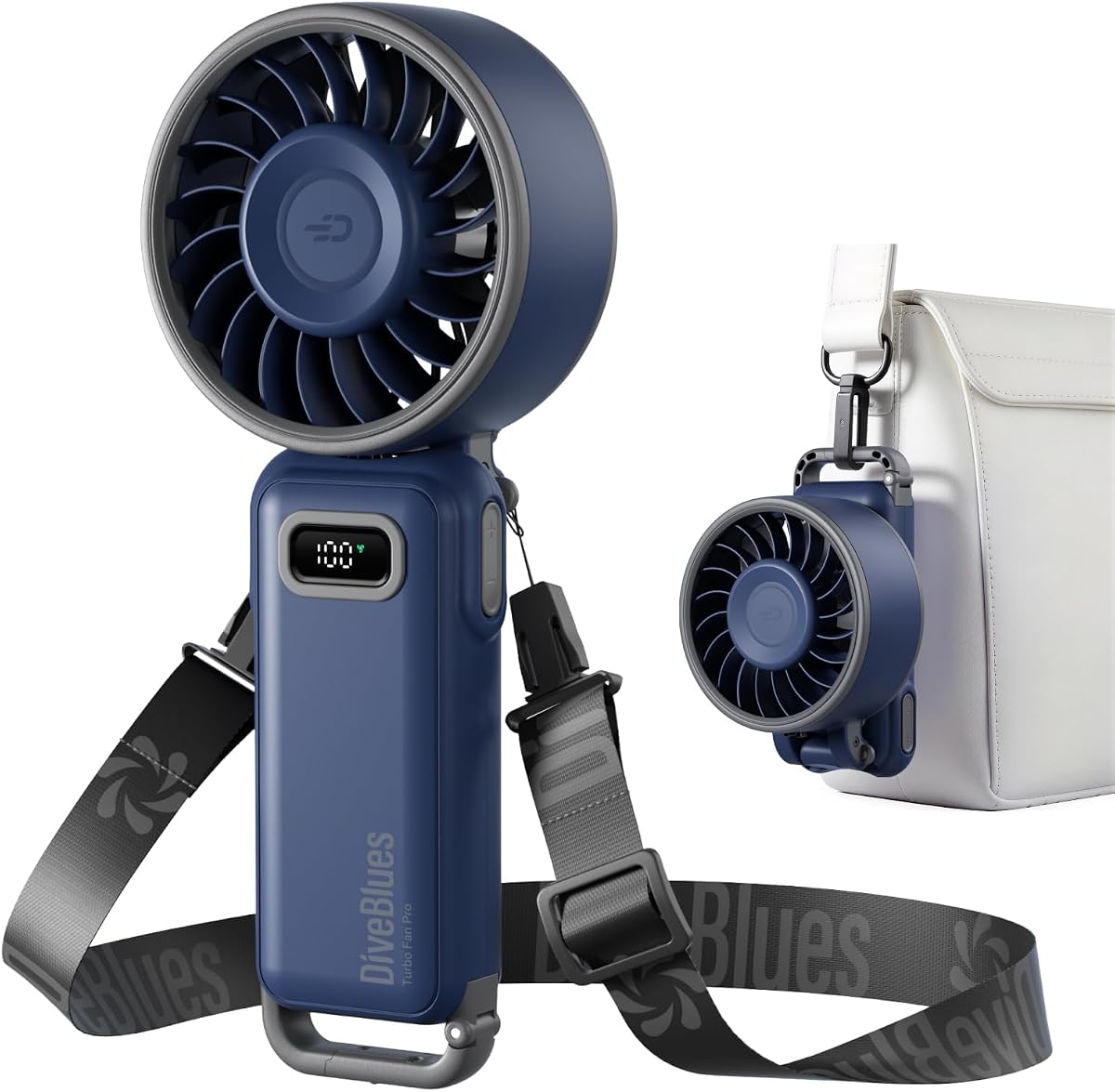 Diveblues Fanzy D6036 Ventilador portátil de mano, azul puerto | Turbo de alta velocidad de 7,4 m/s, 4 en 1 plegable de 180°, clip de mosquetón integrado, control continuo de 100 velocidades