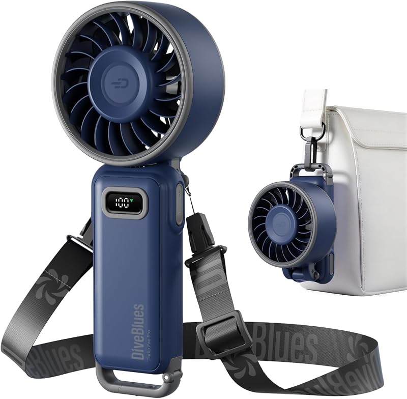 Diveblues Fanzy D6036 Ventilador portátil de mano, azul puerto | Turbo de alta velocidad de 7,4 m/s, 4 en 1 plegable de 180°, clip de mosquetón integrado, control continuo de 100 velocidades