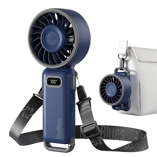Diveblues Portable Handheld Fan, 7.4m/s High Speed Turbo Fan, 180° Foldable 4-in-1 Personal Neck Fan Integrated Carabiner Clip, 100 Speed Stepless Control, USB-C Rechargeable, 12H Battery, Fanzy D6036