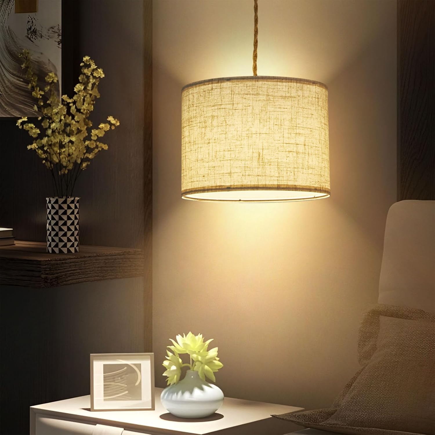 Plug in Pendant Light, Hanging Light with Plug in Cord with Dimmable Switch, Hanging Lamp with 15ft Hemp Rope, Beige Linen Shade, Fixture for Bedroom, Living Room 2 Pack