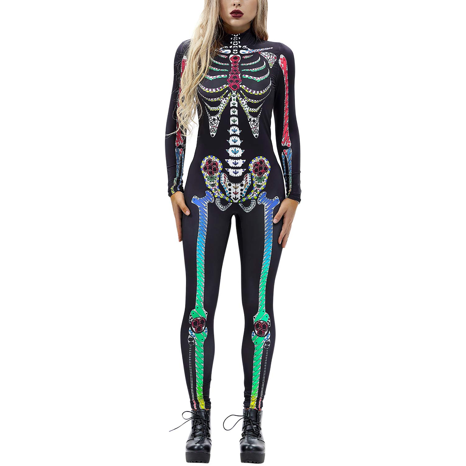 Womens Halloween Skeleton Print Skinny Jumpsuit Stretch Cosplay Costume Sexy Bodycon Bodysuit